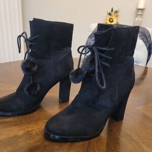 New York & Company Black Heeled Boots with Pom Poms